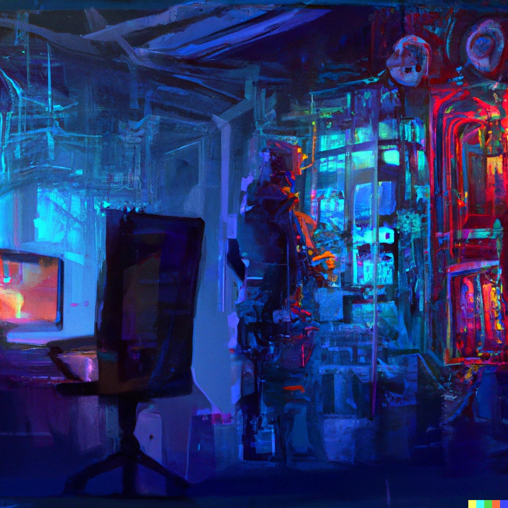 Prompt: painting of hacker electronics lab, Futurism style