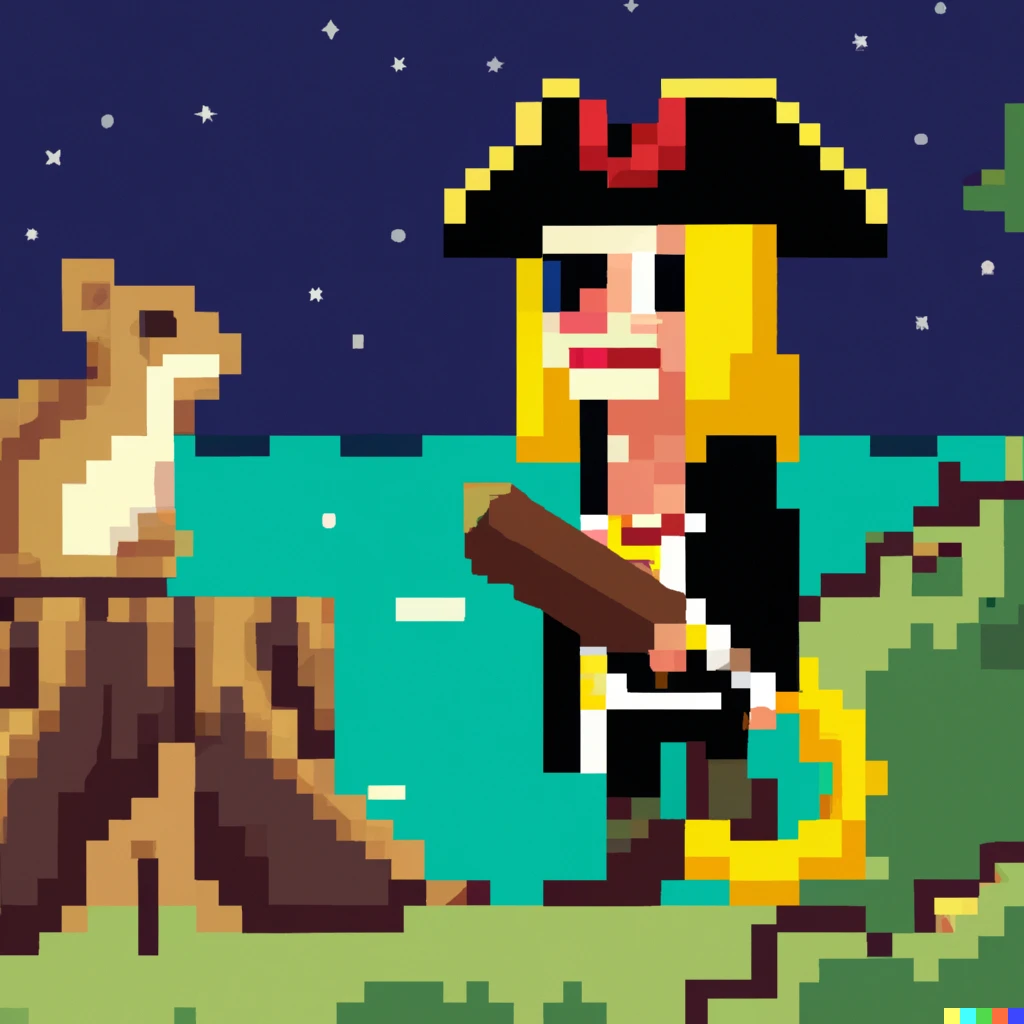 Prompt: A funny tall and slim blonde male pirate staring with wide eyes a big woodchuck that is on the right side of the image. The woodchuck is eating wood. The background is a distant island at night. as pixel art 