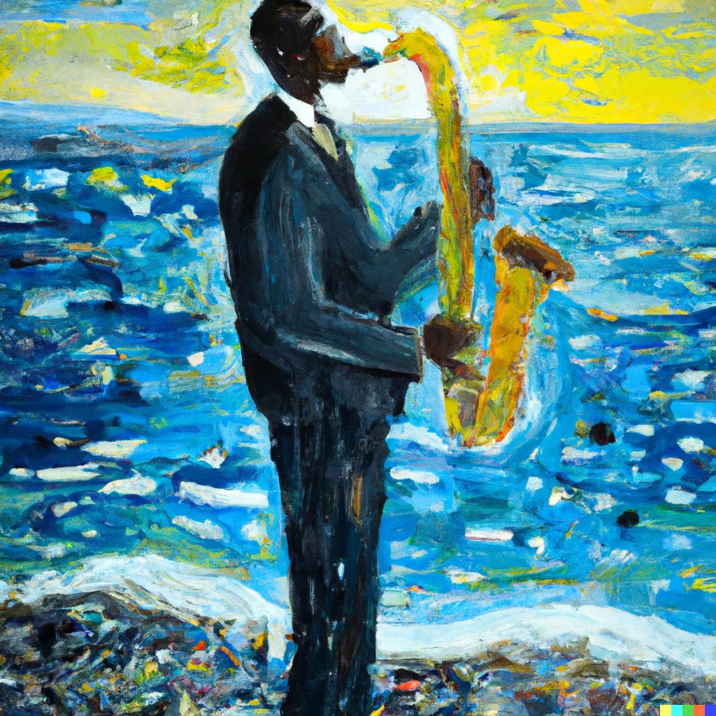 Prompt: An impressionist painting of John Coltrane playing tenor saxophone by the sea