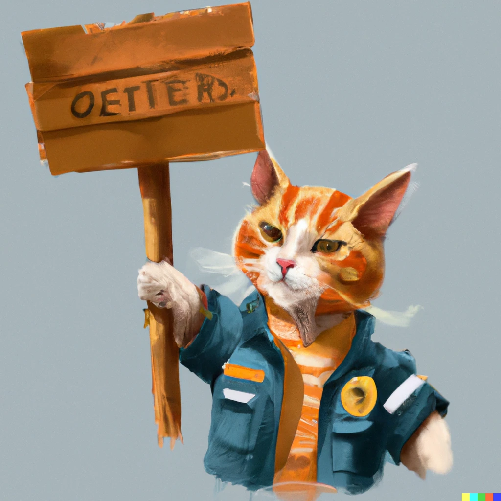 Prompt: An orange tabby cat wearing a Teamster jacket holding up a picket sign, digital art