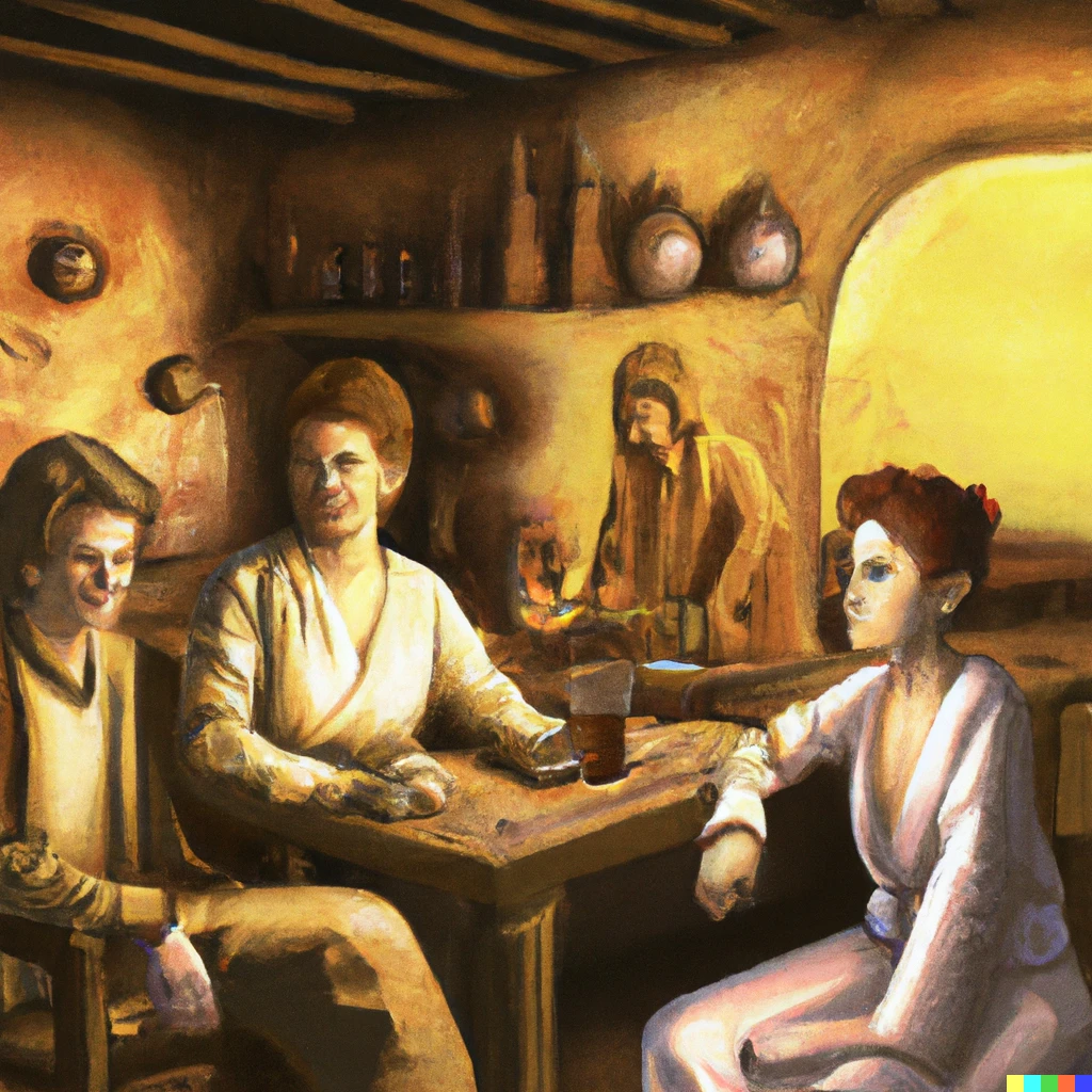 Prompt: Luke Skywalker, Han Solo and Princess Leia hanging out in a cantina on Tatooine as a photorealistic painting