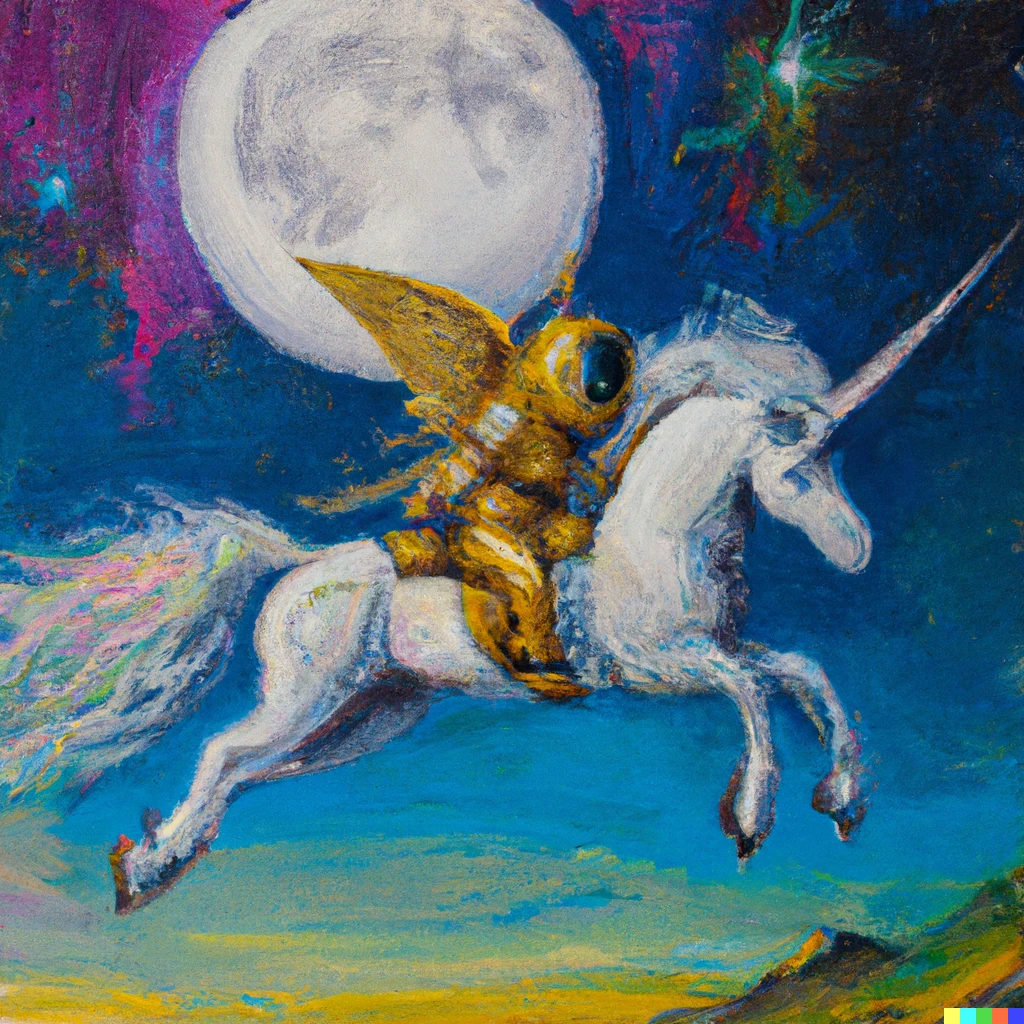 Prompt: an oil painting of a unicorn attached to a jetpack flying towards the moon