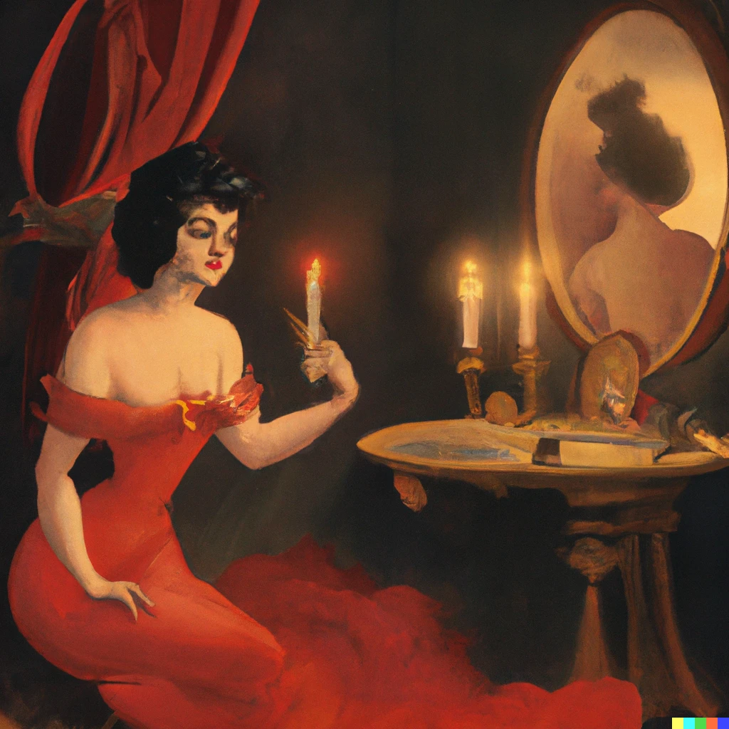 Prompt: Betty Boop staring into a mirror by candlelight, clothed in a crimson satin gown, heavy chiaroscuro, by De La Tour.