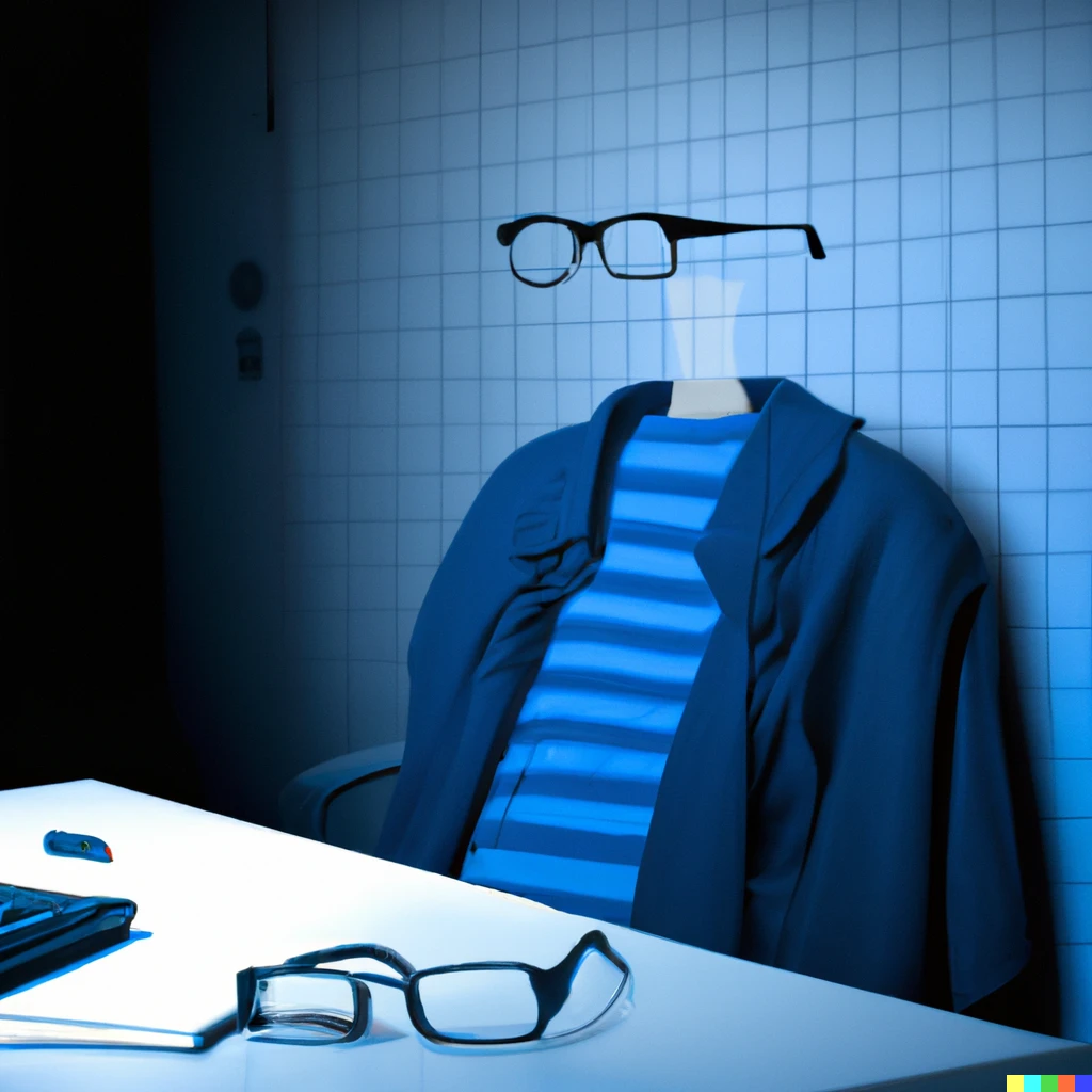 Prompt: an invisible man, wearing glasses and sitting at a desk in front of a computer