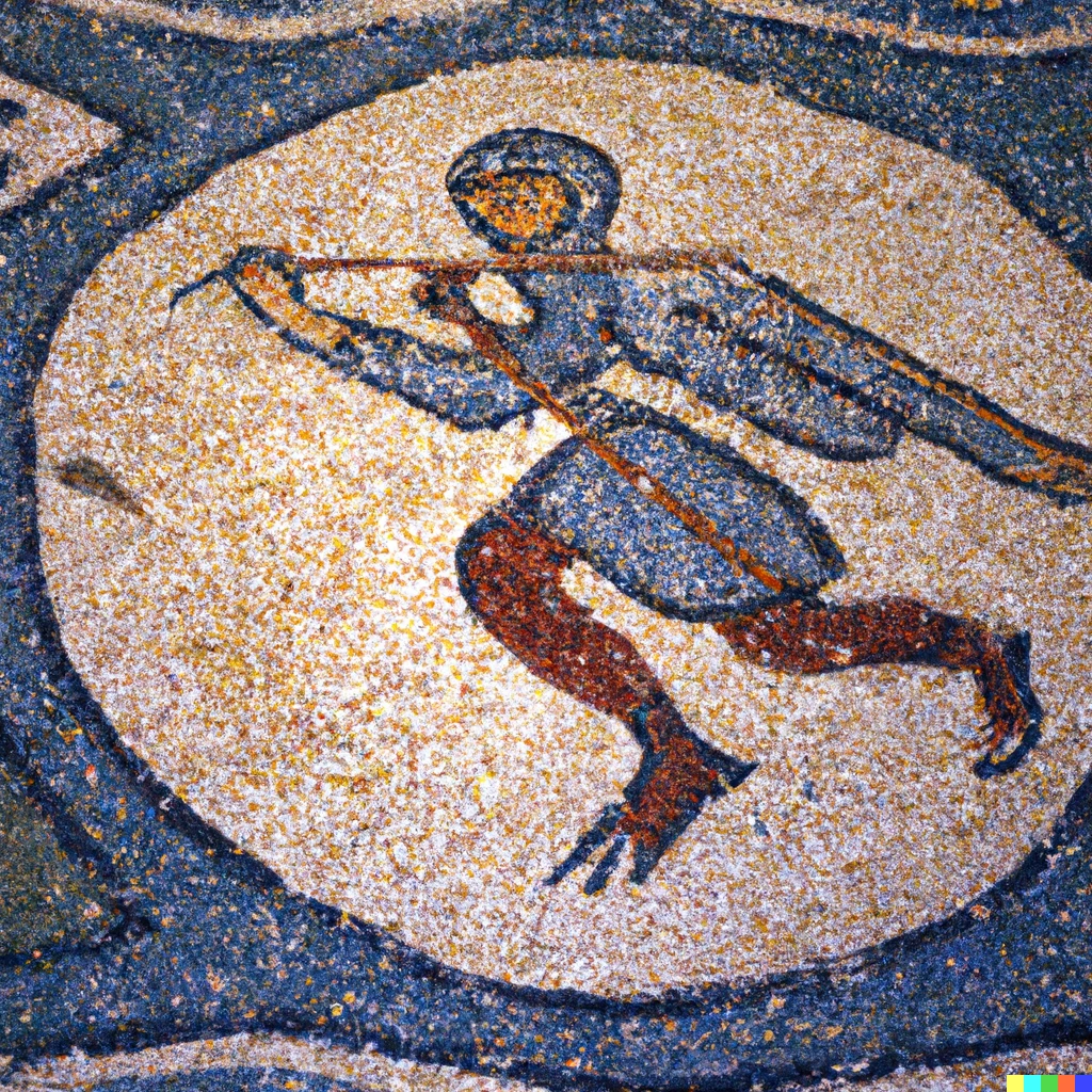 Prompt: Byzantine mosaic of an astronaut trampling on blue bird, on the floor of a deserted church, in late afternoon light.