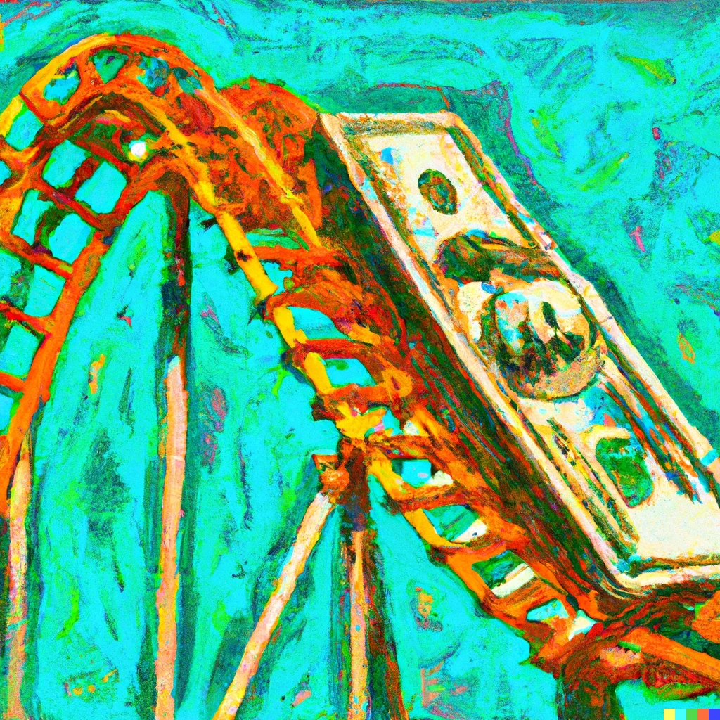 Prompt: a pile of money riding a rollercoaster in an impressionist style