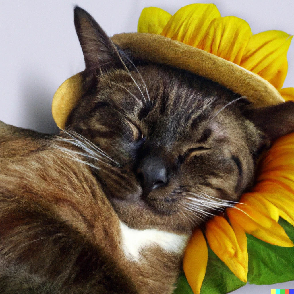 Prompt: Realistic photo of a brown cat wearing a hat  sleeping on a sunflower 