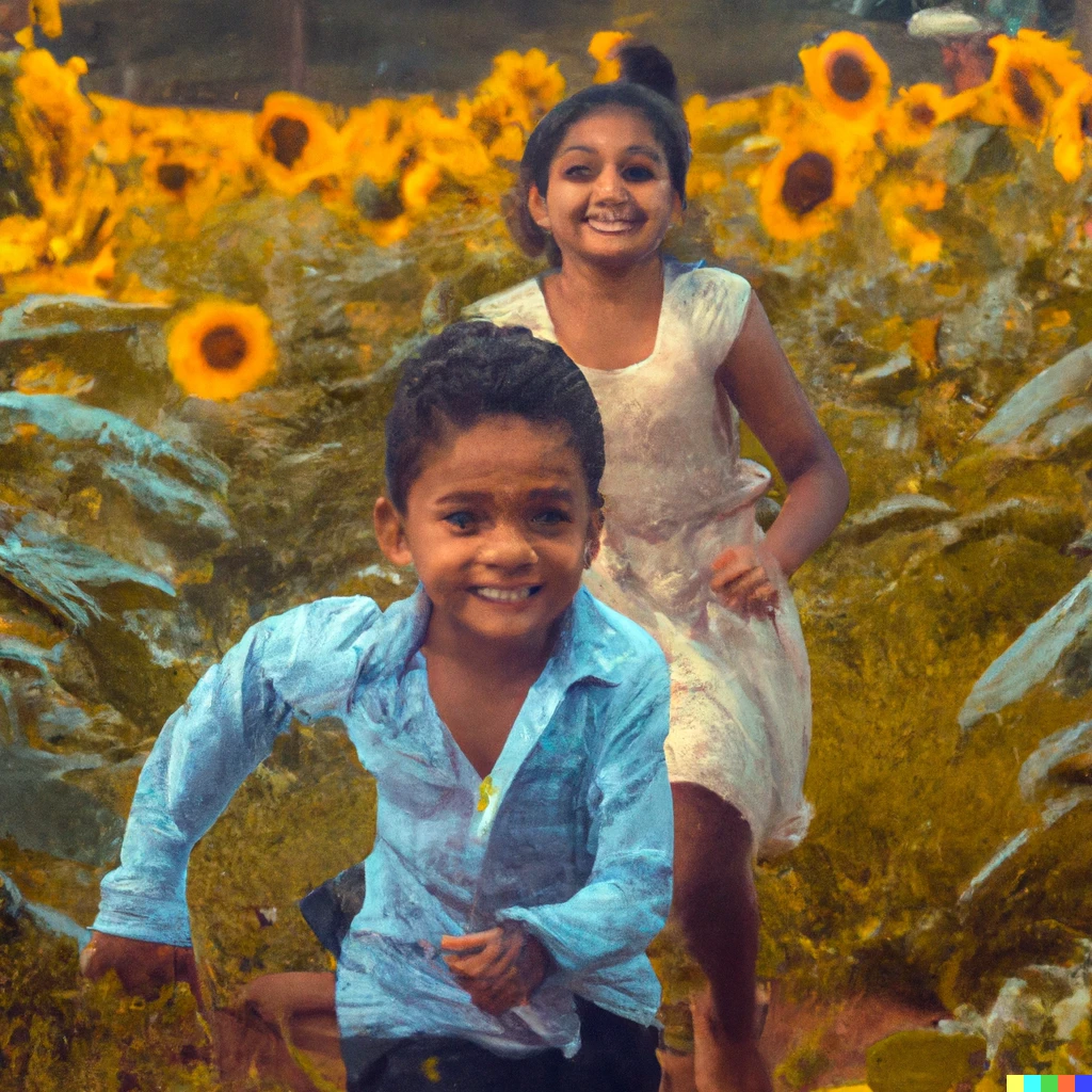 Prompt: Realistic image of Sri Lankan girl and boy running in a sunflower field