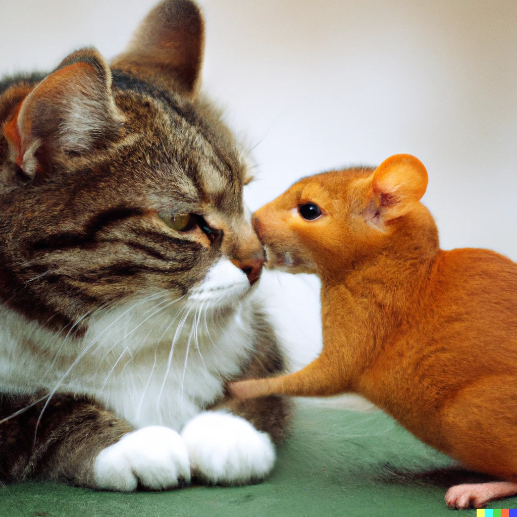 Prompt: High quality photo of a mouse kisses cat