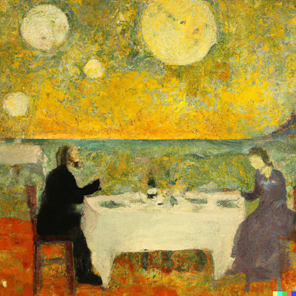Prompt: DINNER DATE ON THE SURFACE OF THE MOON BY CLAUDE MONET