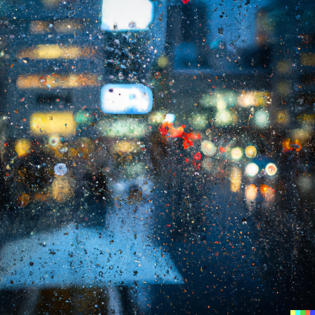 Prompt: a photo of fine beaded rain on a window shinjuku is behind the glass, out of focus, shallow depth of field,  blue hour tilted view