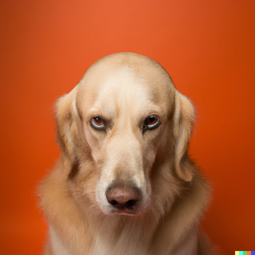 Prompt: A photograph of a golden retriever who is extremely disappointed in you, on a burnt orange background 