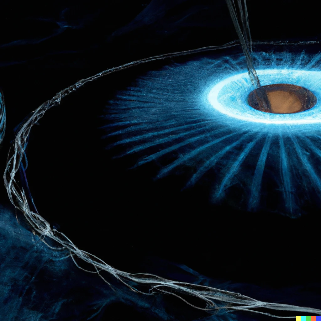 Prompt: Small oval Black hole accretion disk power plant.  Small Oval Black hole mining using cosmic string.  Artstation