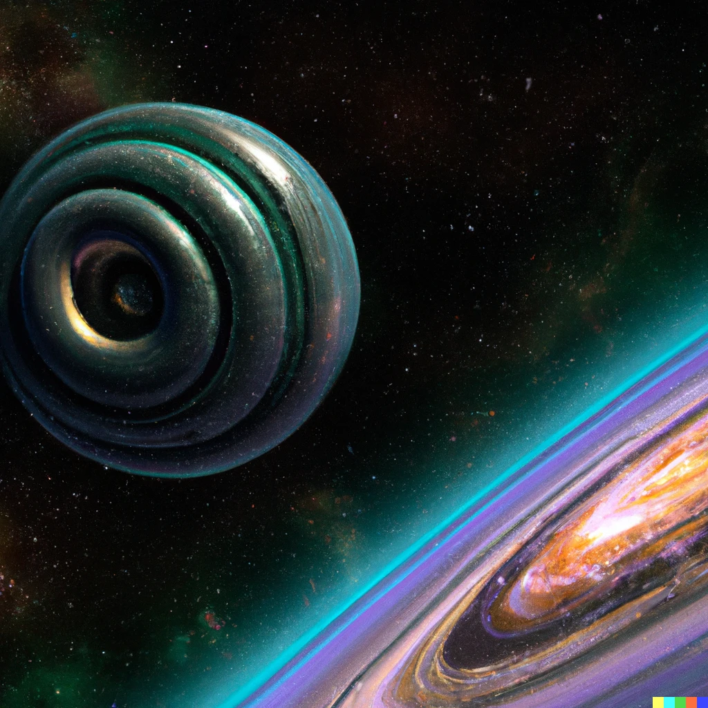Prompt: A small O'neill cylinder biosphere passing near a gas giant planet. The background is a beautiful spiral galaxy. As a artstation unreal high definition