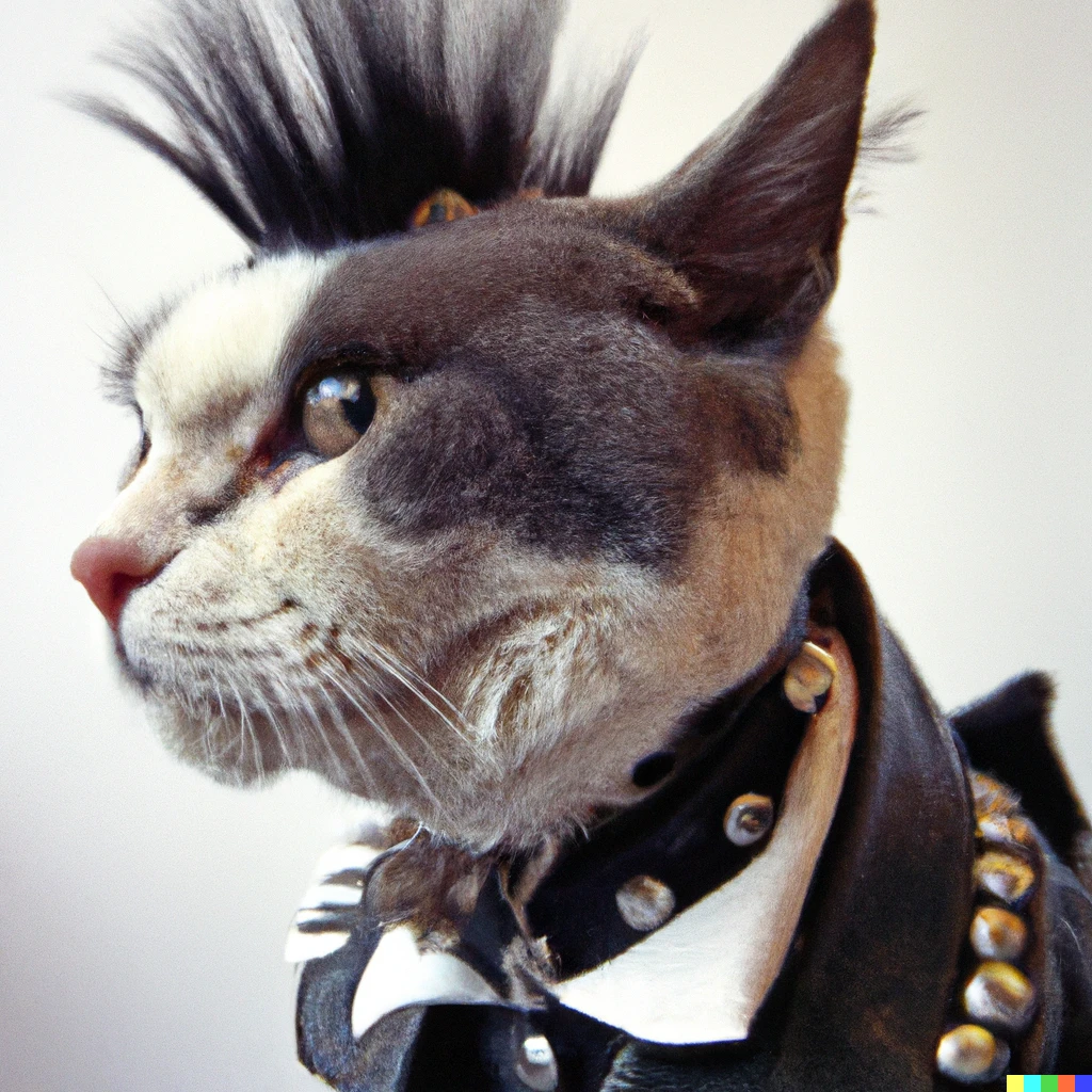 Prompt: a cat dressed as a punk, photograph by Cindy Sherman