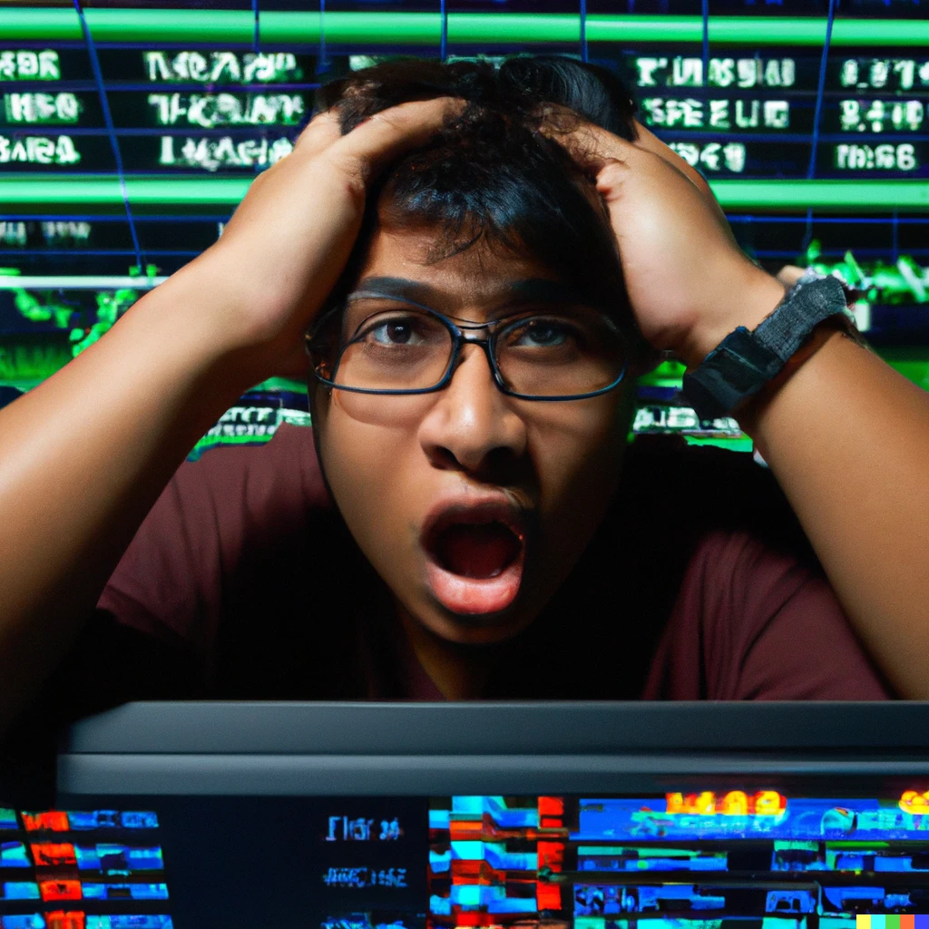Prompt: A 9:20 Straddle option seller trader on his system in dismay while looking at the trading charts