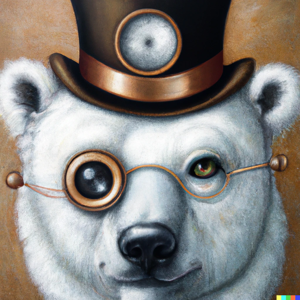 Prompt: An oil canvas portrait of a polar bear wearing a steampunk top hat and monocle glasses