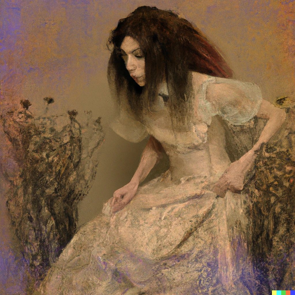 Prompt: Woman in a lace dress made of golden spider webs surrounded by dried flowers hand tinted vintage photograph