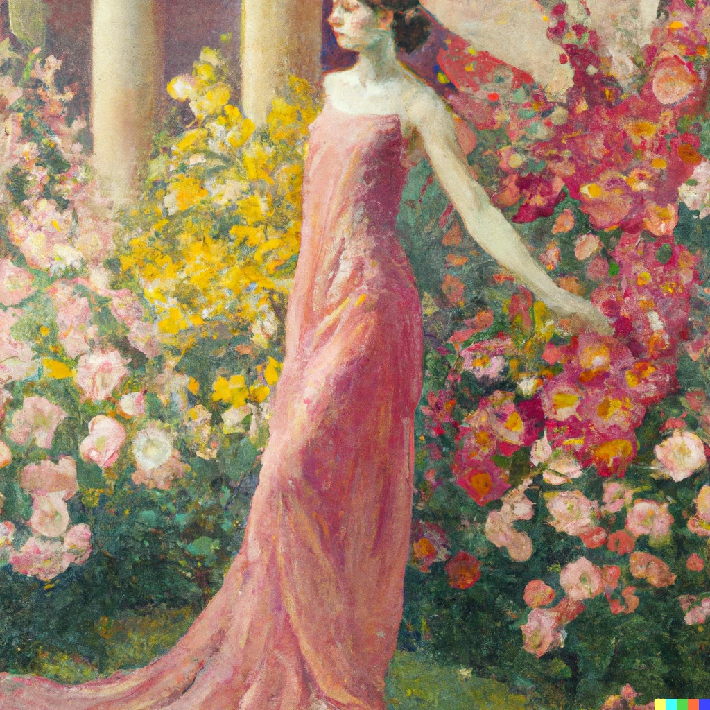Prompt: A tall thin woman with a face in a slip dress on fire in a courtyard full of large pink and yellow flowers by John William Waterhouse