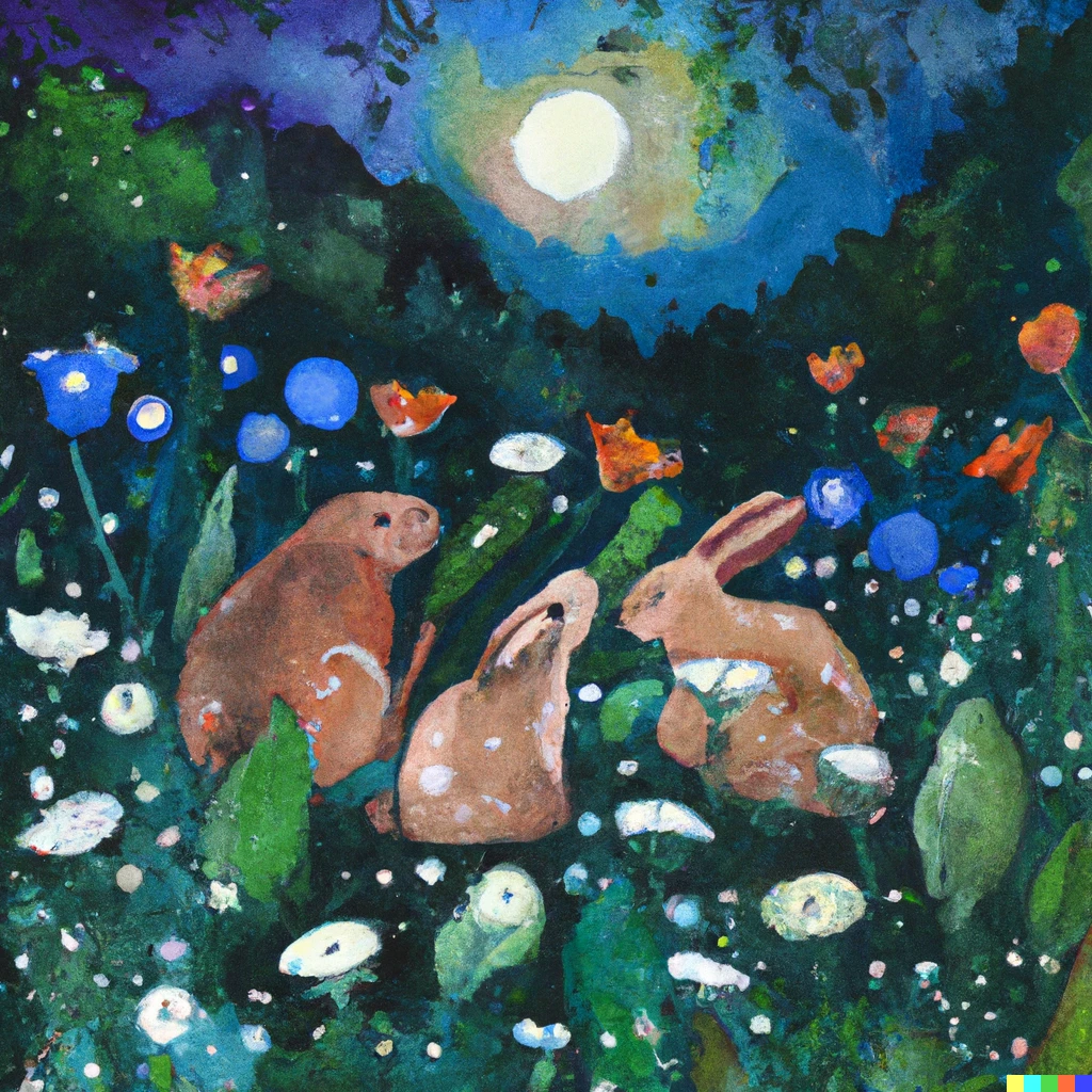 Prompt: Three rabbits in a forest meadow at night glow of a full moon on the grass and wild flowers. Storybook illustration watercolor 
