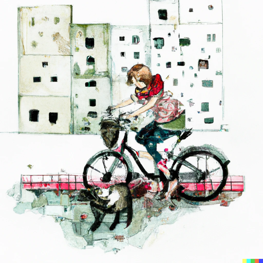 Prompt: a young girl on a bicycle walking her dog by the block, watercolor