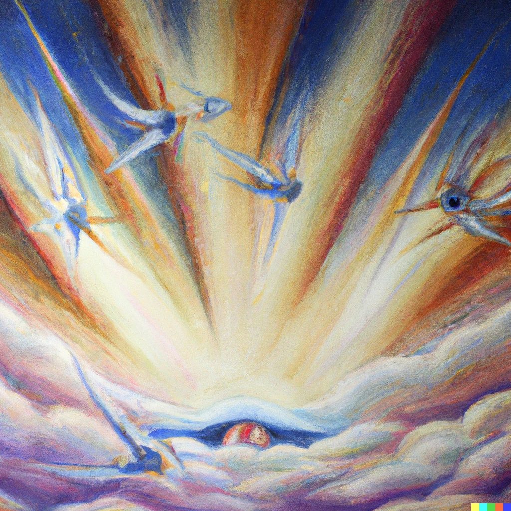 Prompt: supersonic jets flying through clouds of orthodox angels and eyes, oil painting
