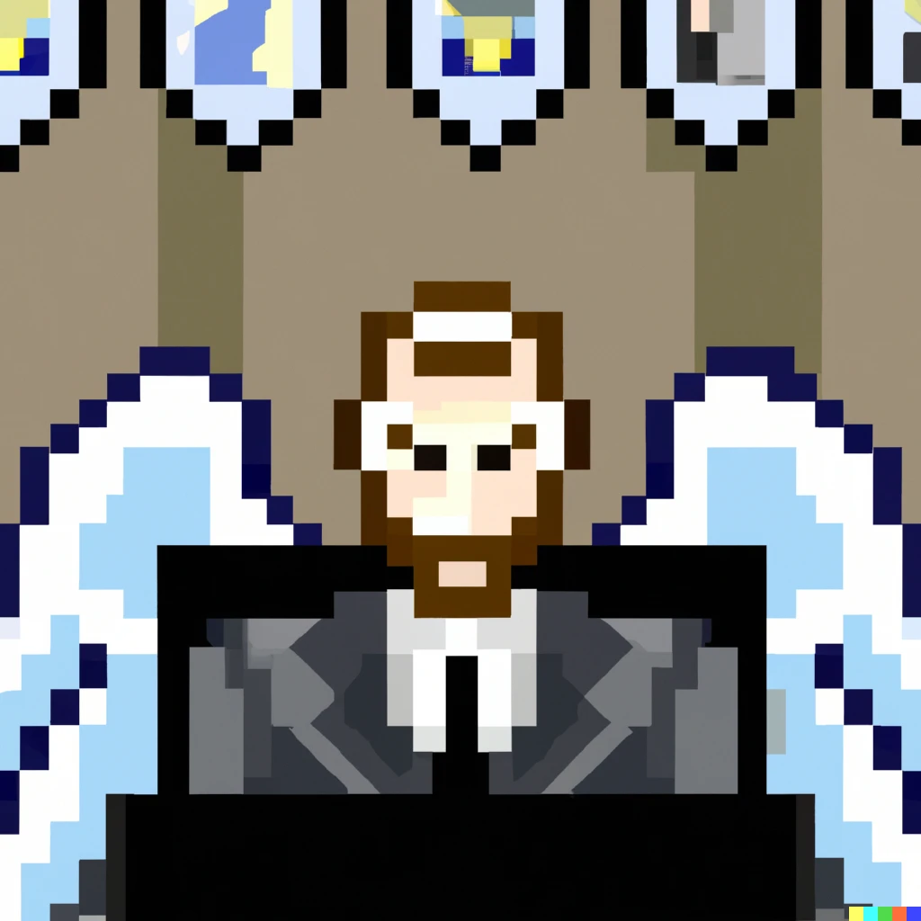 Prompt: a business man working on his laptop, surrounded by troops of of orthodox flying angelsand eyes, pixel art