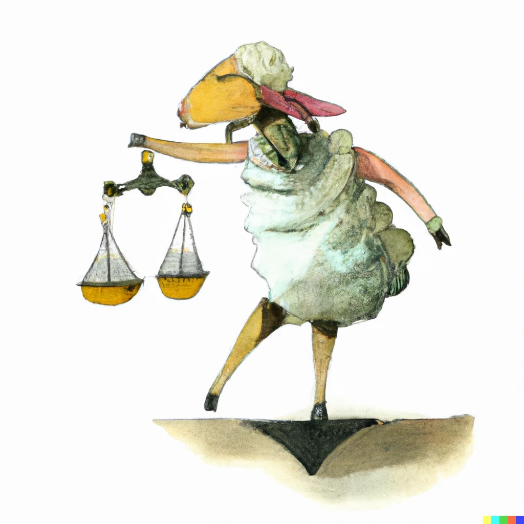 Prompt: a sheep as the goddess of justice blindfolded with a balance, watercolor