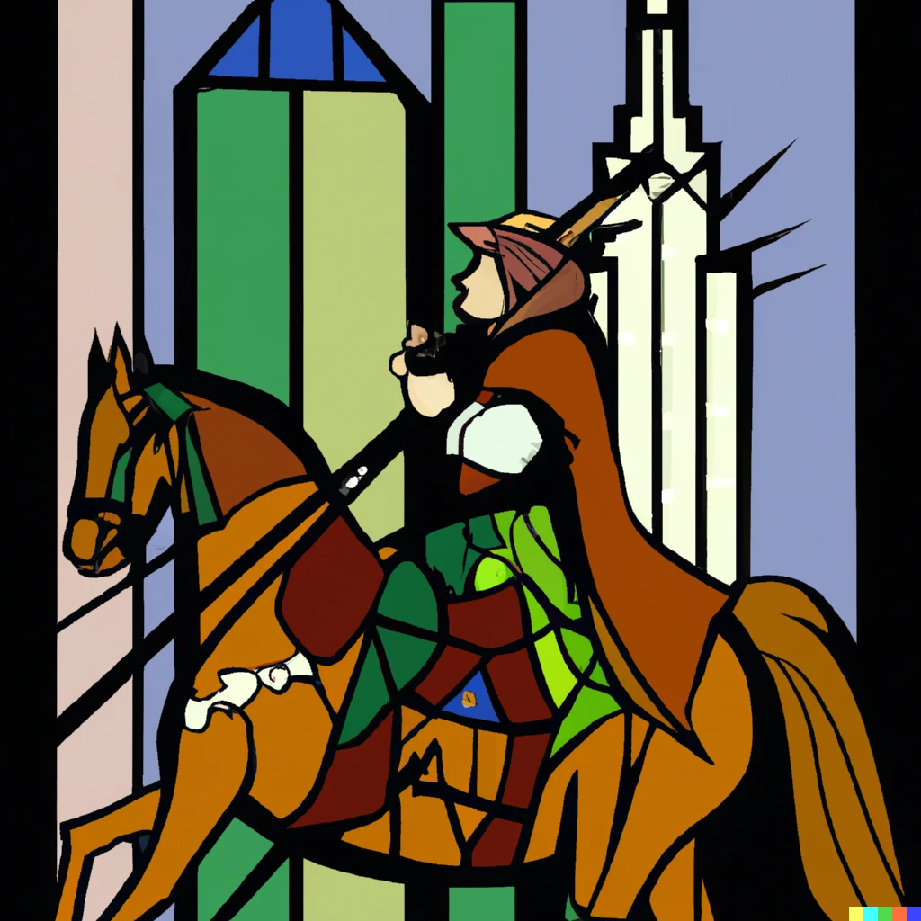 Prompt:  Mitterand on a horse with a hat near the Empire State building, medieval stained glass style