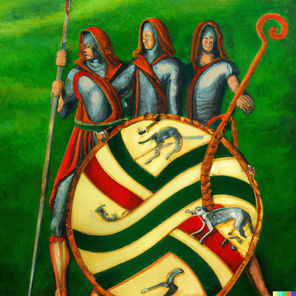 Prompt: dacian warriors with a flag  representing a wolf head and a snake tail, on a celtic leitmotiv, oil painting