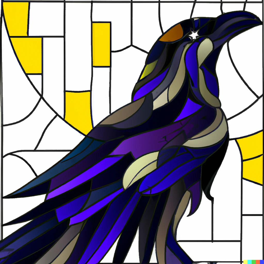 Prompt: Wallachia raven with turned head, stained glass style