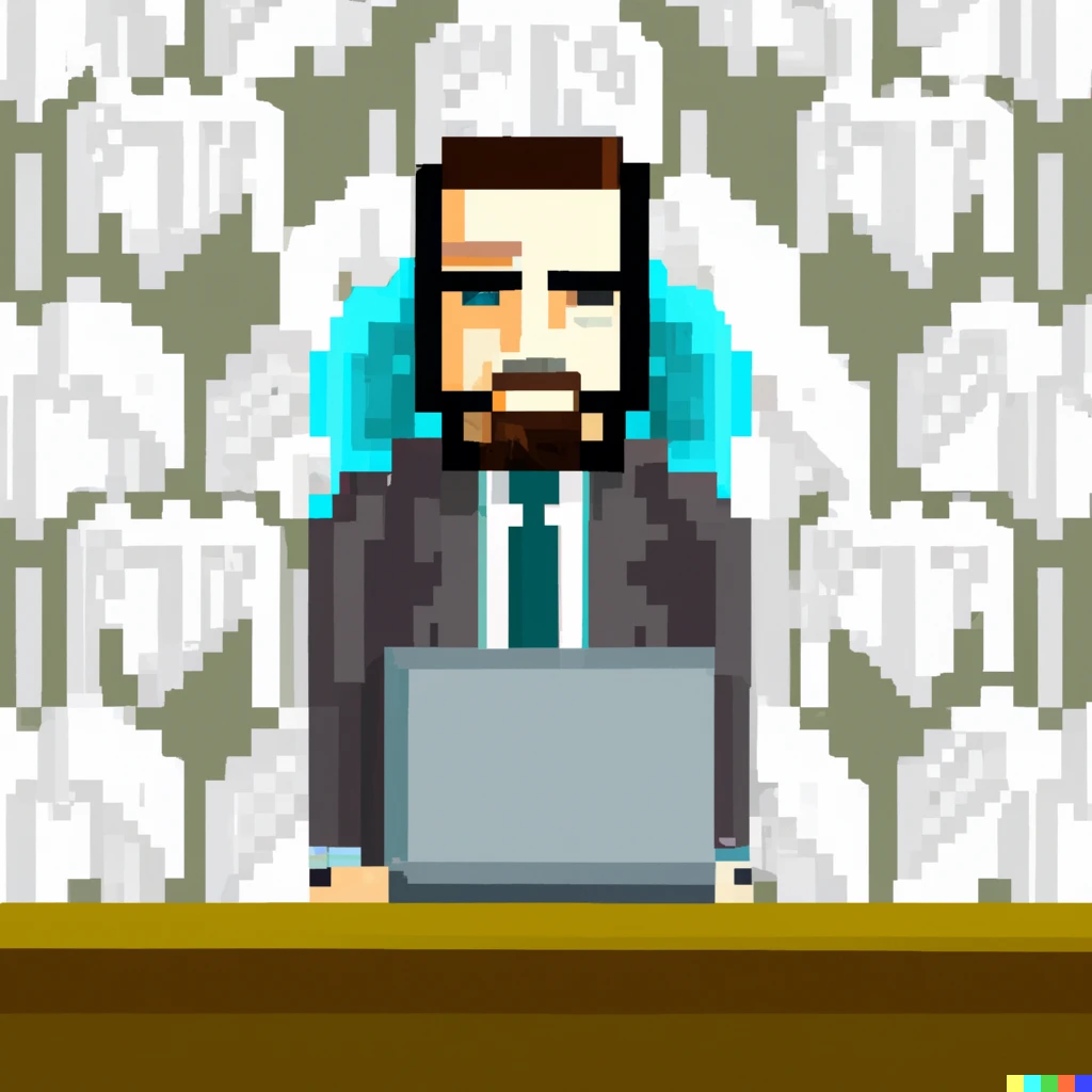 Prompt: a business man working on his laptop, surrounded by troops of of orthodox flying angelsand eyes, pixel art