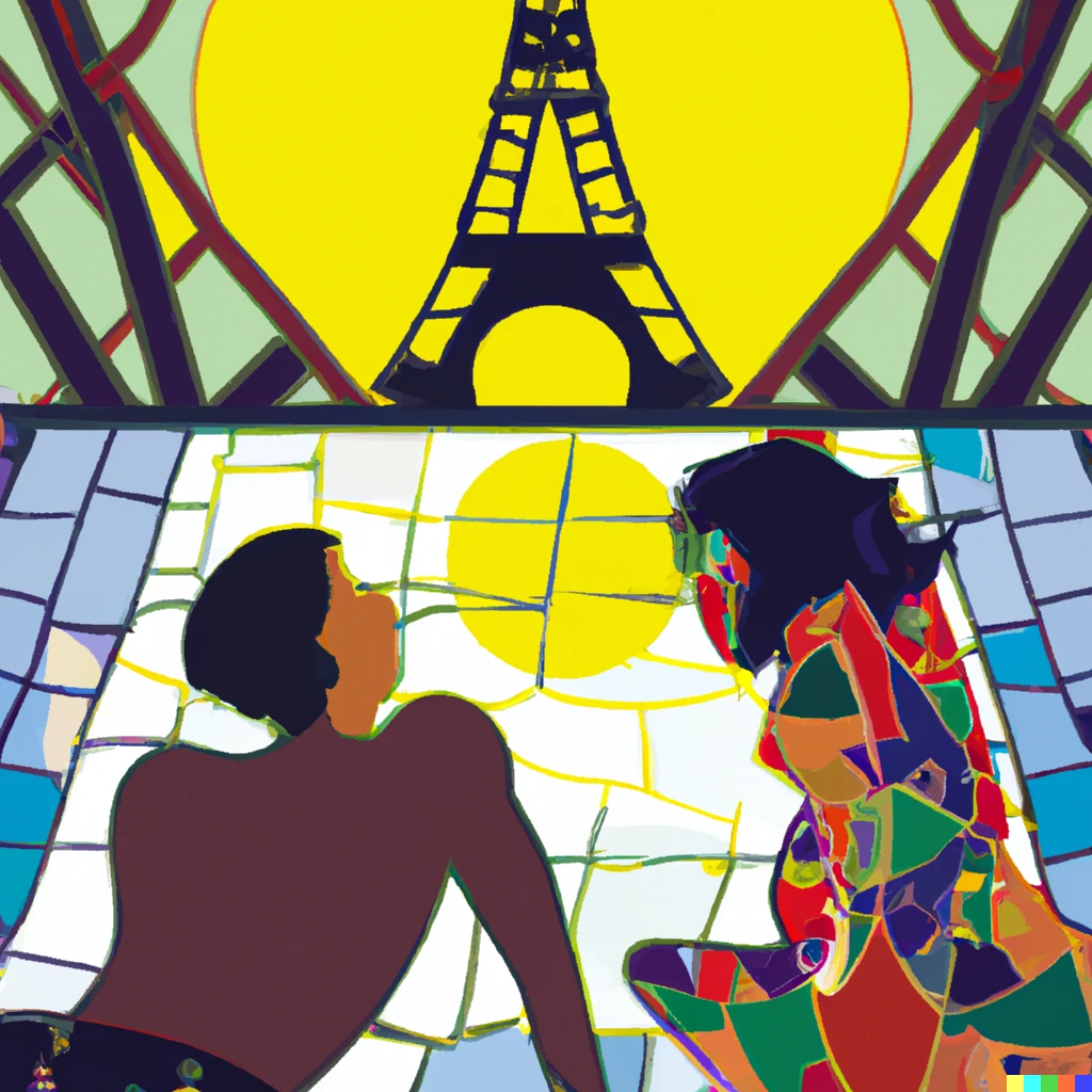 Prompt: man over woman sunbathing near the eiffel tower, stained glass style