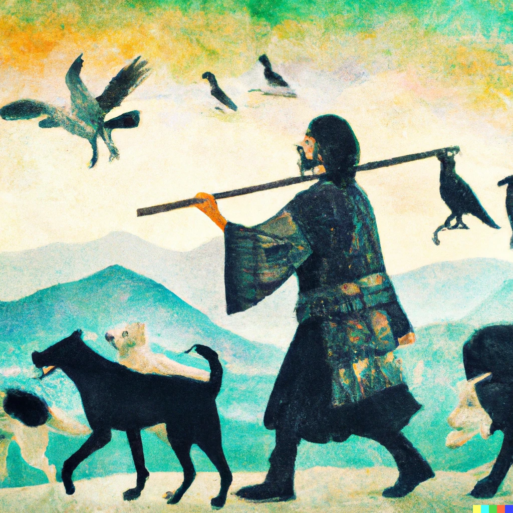 Prompt: A  mounted wallachian warrior sheperd with a raven on his shoulder, a pan flute in his hand, with dogs and muttons behind, on a background of valleys and mountains and a flock of crows at the horizon, impressionist style