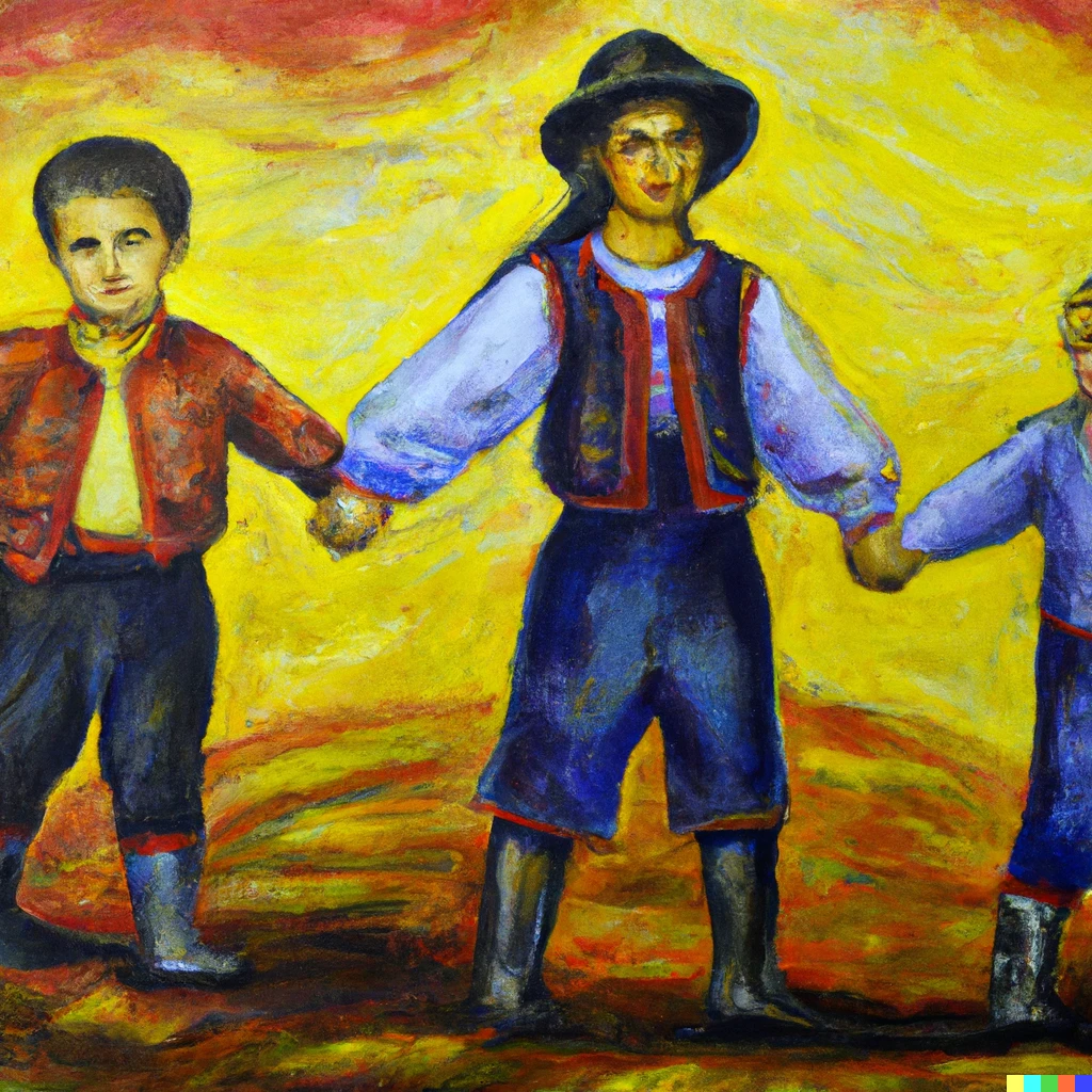 Prompt: oil painging: Let's go hand in hand  Those with a Romanian heart,  Let's spin the hora of brotherhood  On Romanian soil!  Transylvanian, mountain children!  Ian shook his head now  And it fills you with pride  That you are my son from Romania! 