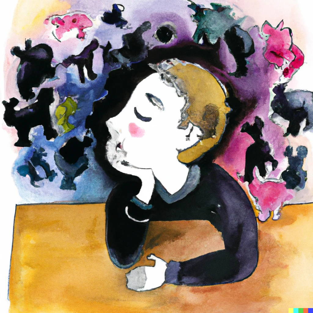 Prompt: a sad young boy thinking holding his head over a table with chimeras of thoughts around, watercolor