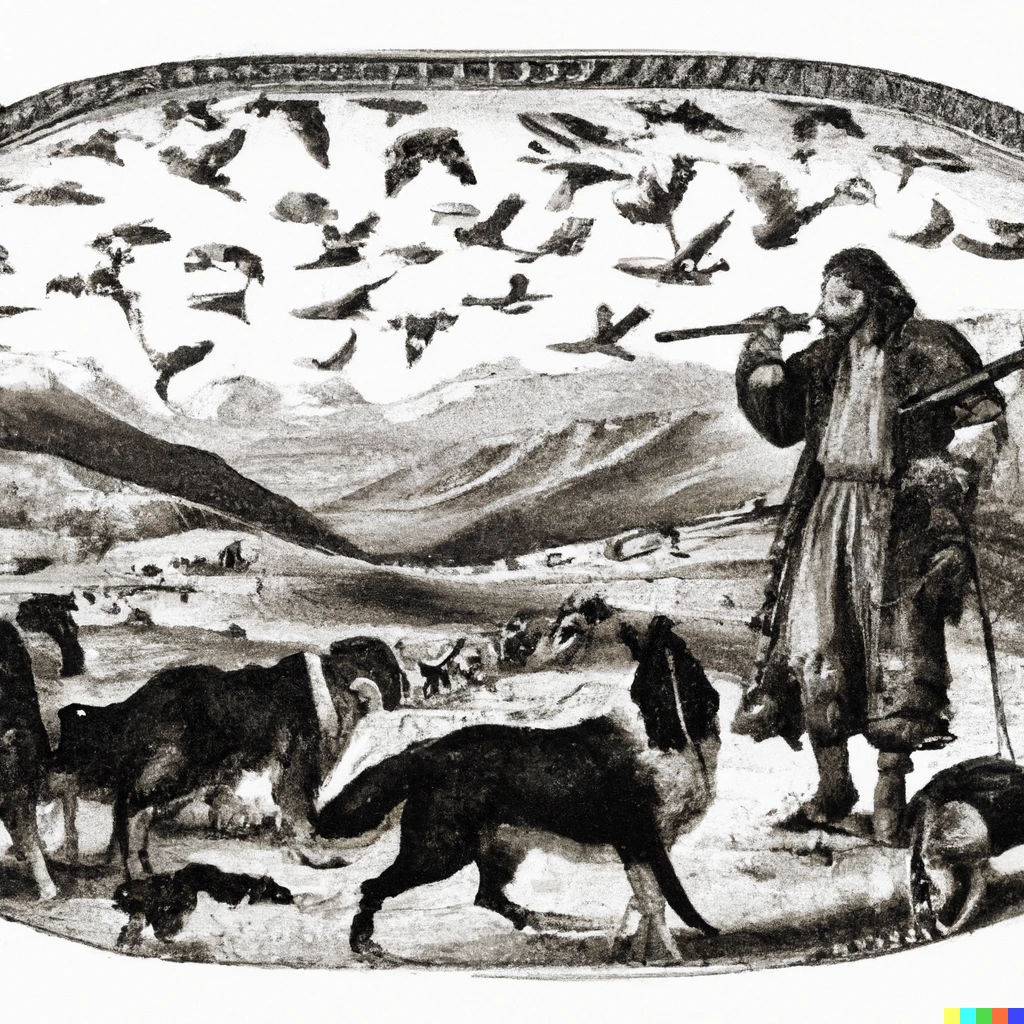 Prompt: A mounted wallachian sheperd with a raven on his shoulder, a pan flute in his hand, with dogs and muttons behind, on a background of valleys and mountains and a flock of crows at the horizon, engraving