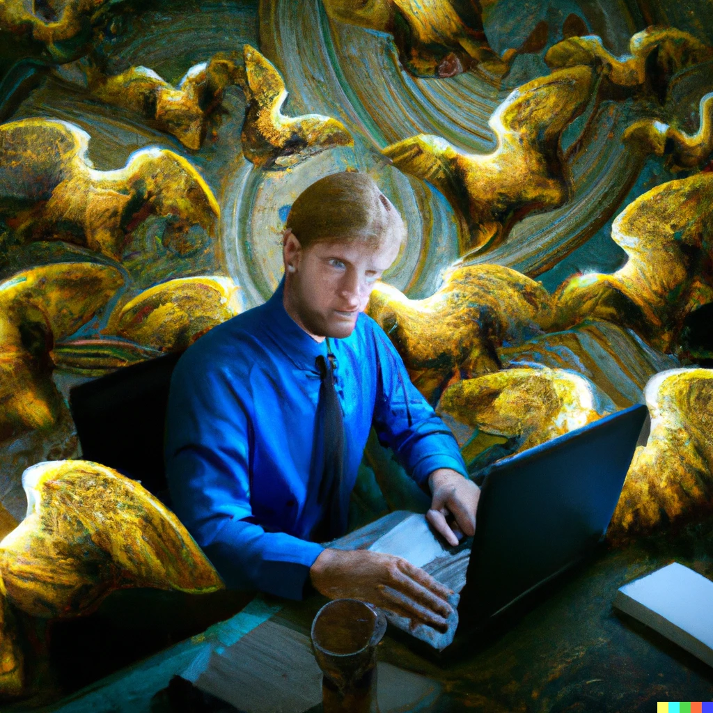 Prompt: a business man working on his laptop, surrounded by troops of of orthodox flying angelsand eyes, van gogh
