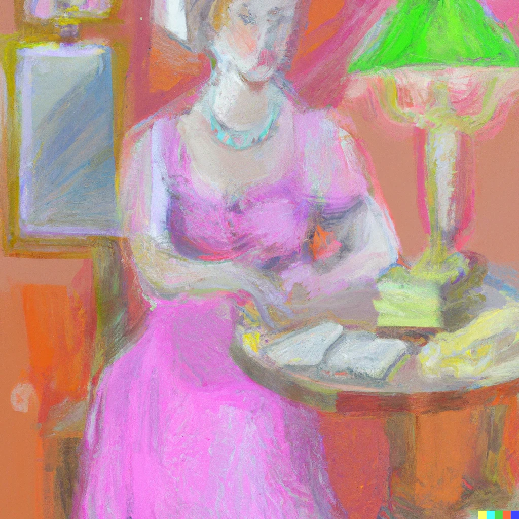 Prompt: a pink lady sits at a table with a book and newspapers and a lamp on it, impressionist style