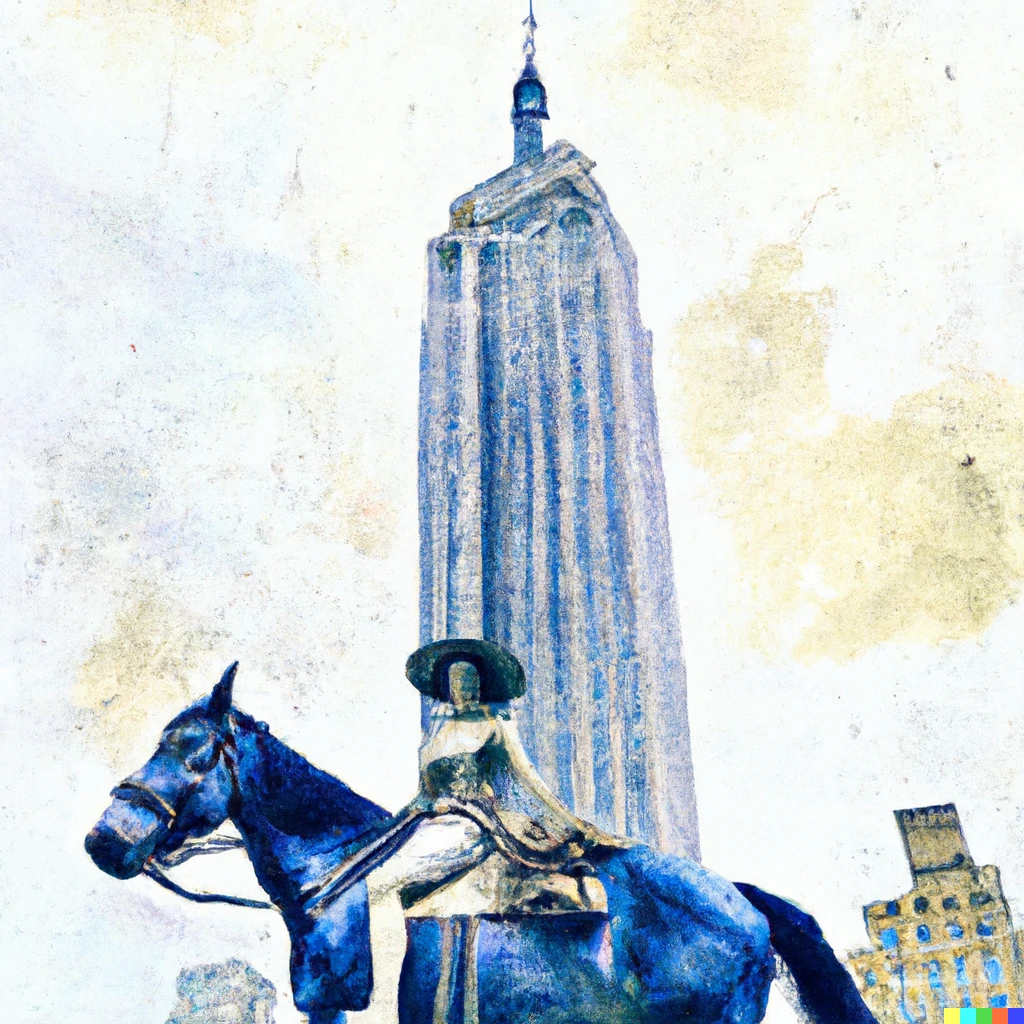 Prompt: Lady Godiva on a horse with a hat near the Empire State building, watercolor style