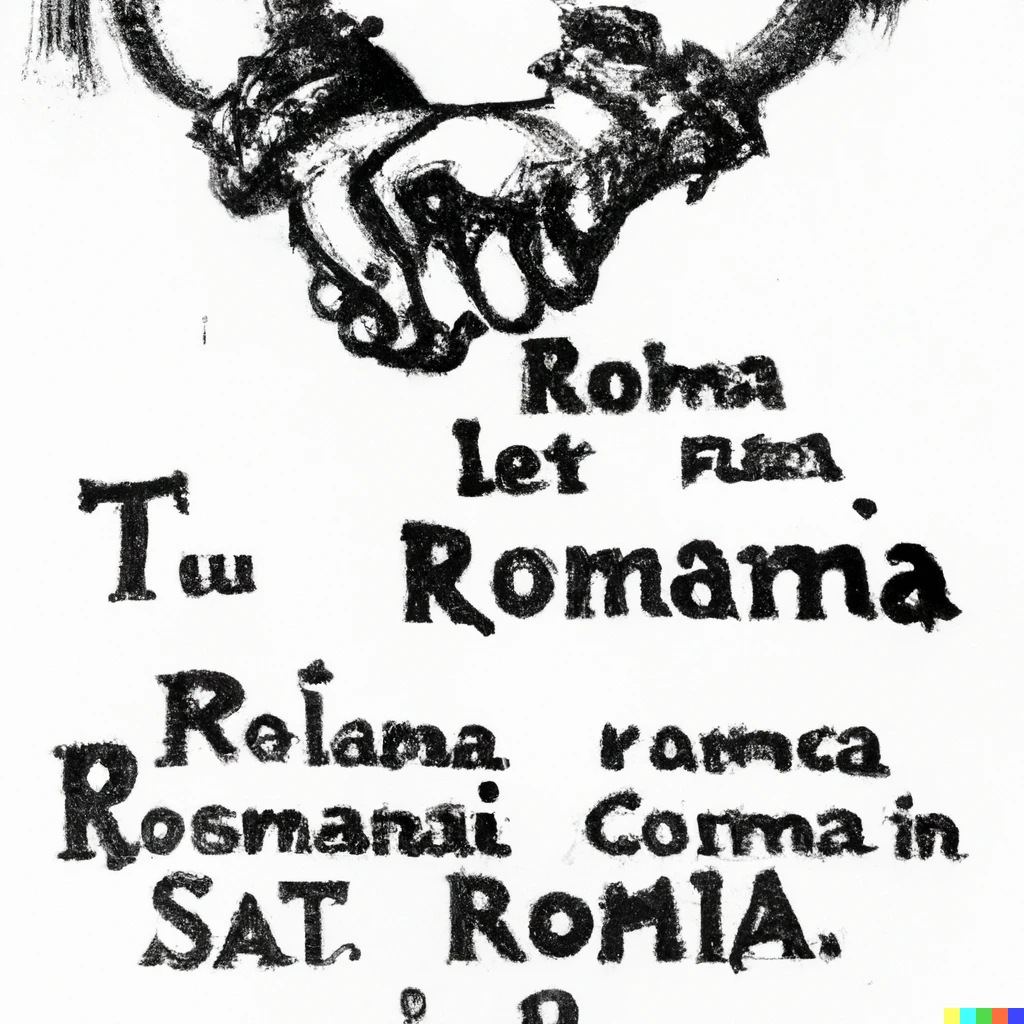 Prompt: etching: Let's go hand in hand  Those with a Romanian heart,  Let's spin the hora of brotherhood  On Romanian soil!  Transylvanian, mountain children!  Ian shook his head now  And it fills you with pride  That you are my son from Romania! 