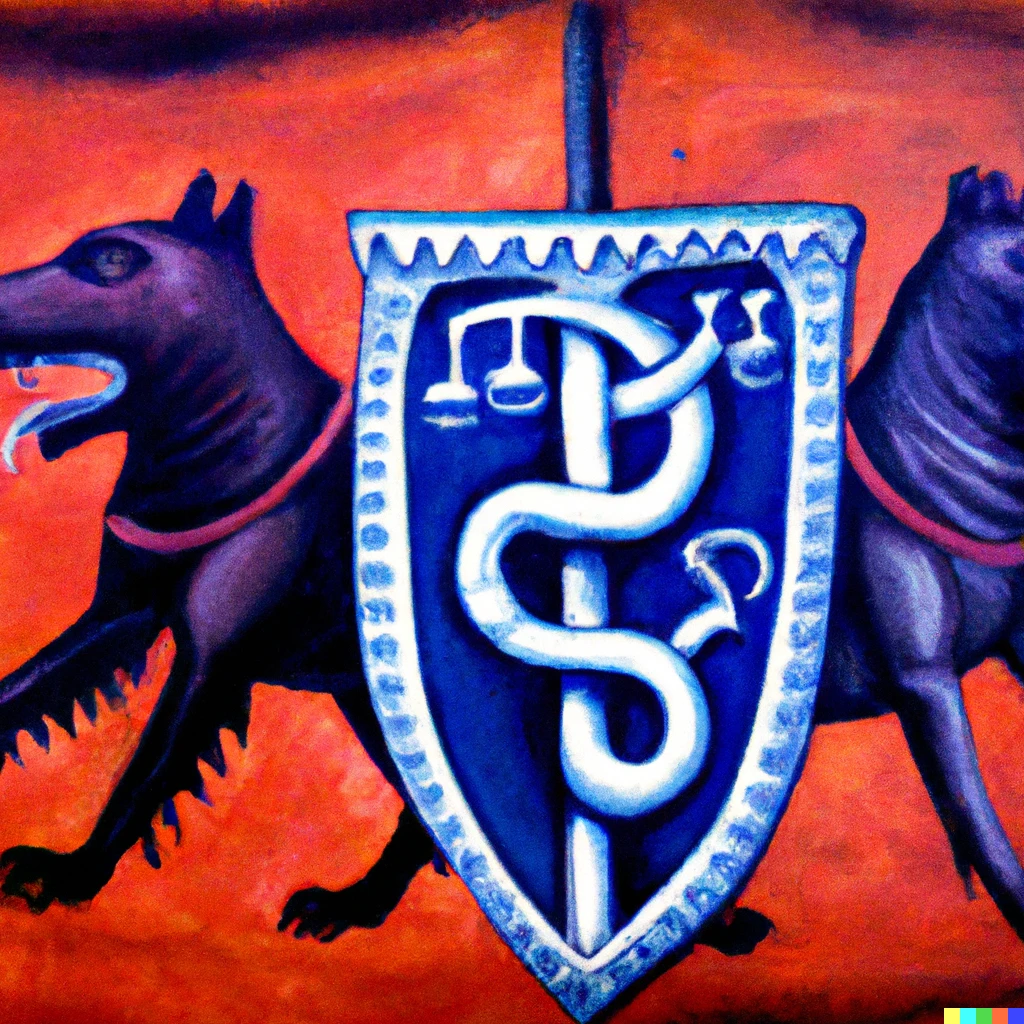 Prompt: dacian warriors with a flag  representing a wolf head and a snake tail, on a celtic leitmotiv, oil painting