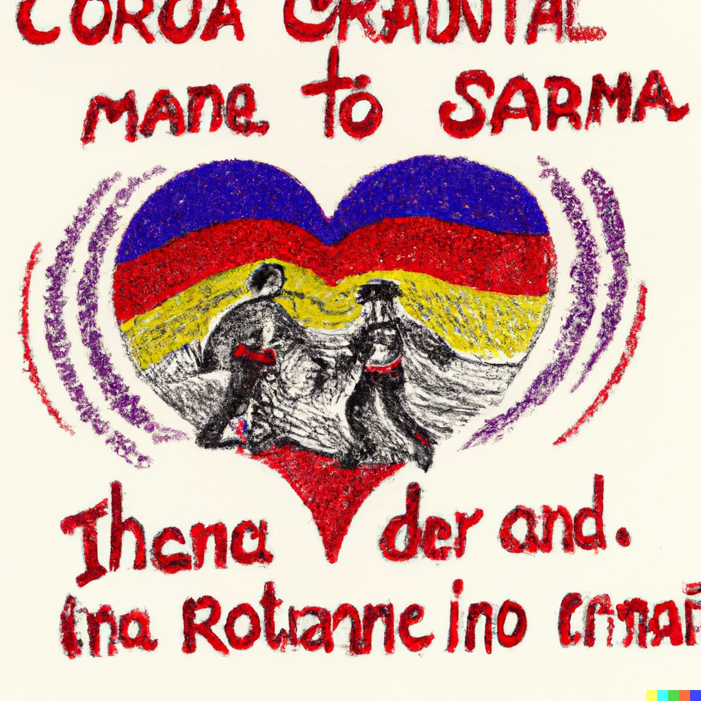 Prompt: engraving: Let's go hand in hand  Those with a Romanian heart,  Let's spin the hora of brotherhood  On Romanian soil!  Transylvanian, mountain children!  Ian shook his head now  And it fills you with pride  That you are my son from Romania! 