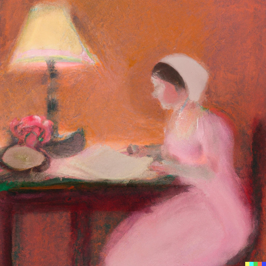 Prompt: a pink lady sits at a table with a book and newspapers and a lamp on it, impressionist style