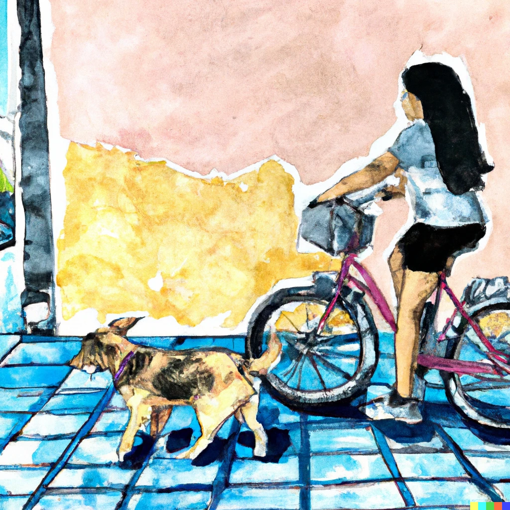 Prompt: a young girl on a bicycle walking her dog by the block, watercolor