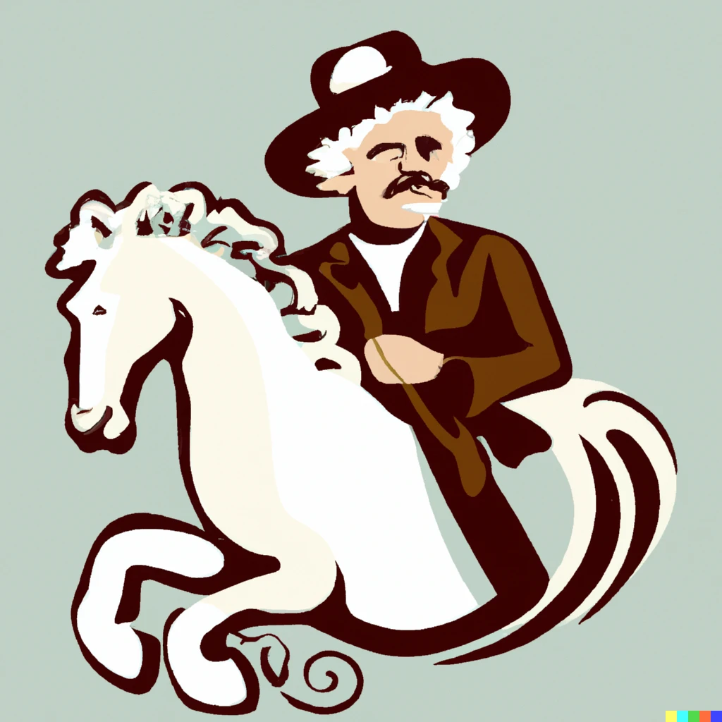 Prompt: mark twain on a horse with a hat
