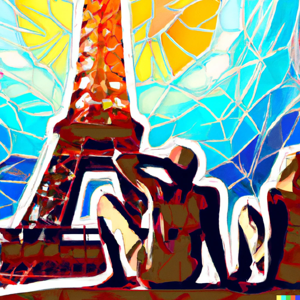 Prompt: man and woman sunbathing near the eiffel tower, stained glass style