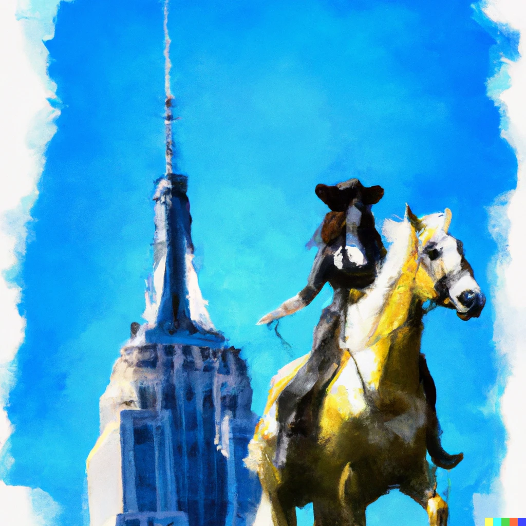 Prompt: Lady Godiva on a horse with a hat near the Empire State building, watercolor style