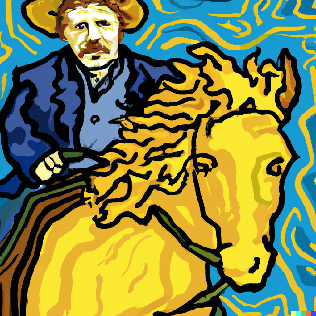 Prompt: mark twain on a horse with a hat van gogh style