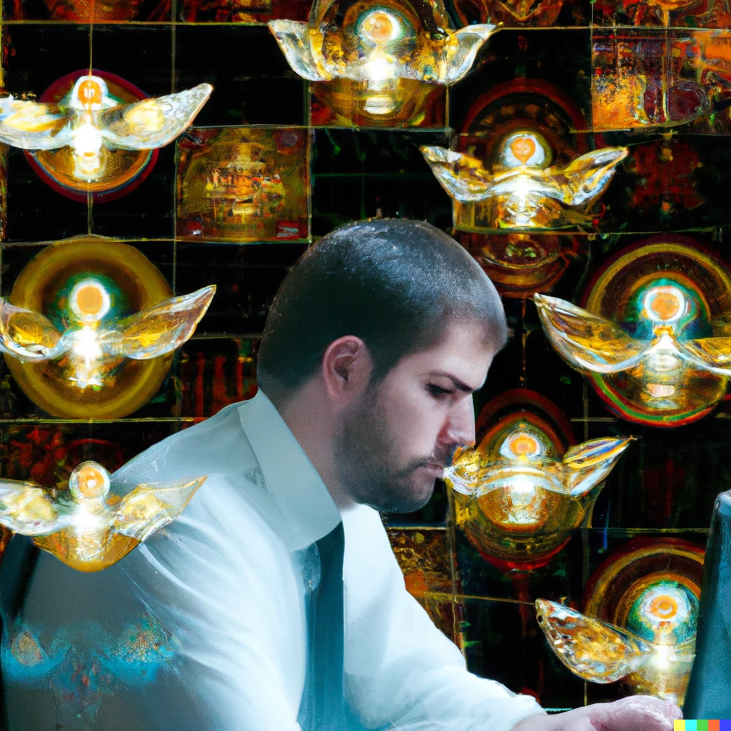 Prompt: a business man working on his laptop, surrounded by troops of of orthodox flying angelsand eyes, stained glass